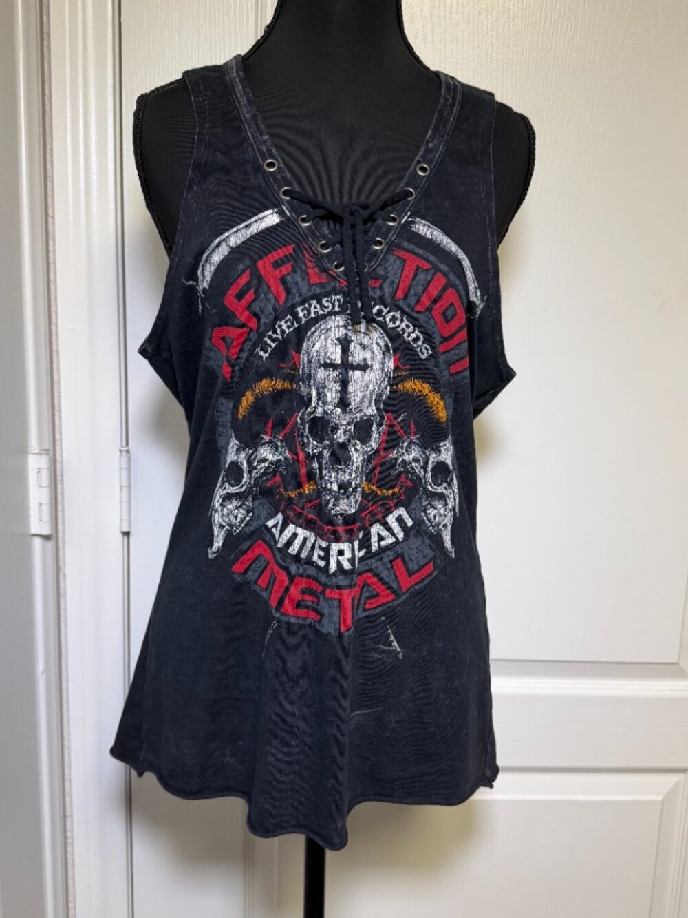 Affliction American Metal Lace Up Muscle Tank Graphic Skull USA Made Size M